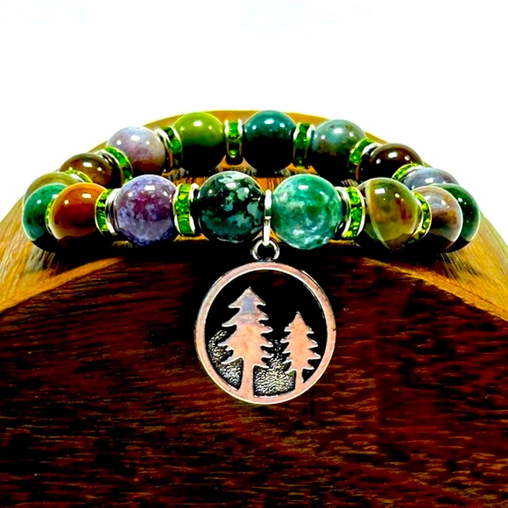 Handmade Mountain & Trees Bracelet with Natural Indian Agate Stones